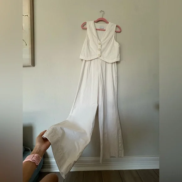 ASOS Cream Linen Like Vest Jumpsuit Wide Leg Button Front Minimalist Size 6 - Picture 4 of 10
